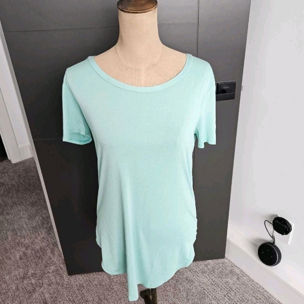 Teal Crew Neck Short Sleeve Top Soft Stretch Lightweight Casual Minimalist SMALL